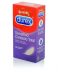 durex sensitivo contacto caja con 12 preservativos sensitivos caja color lila y rojo y una pluma en el dibujo indicando suavidad