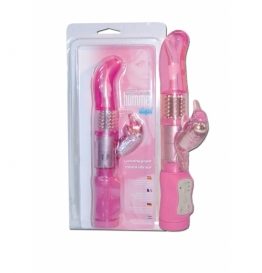 Vibrador delfín hummer con punta redondeada algo torcida un saliente que es el estimulador y dentro de la parte del pene hay una bolas metálicas