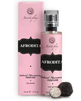 perfume feromonas afrodita envase rosa de cristal con su caja al lado
